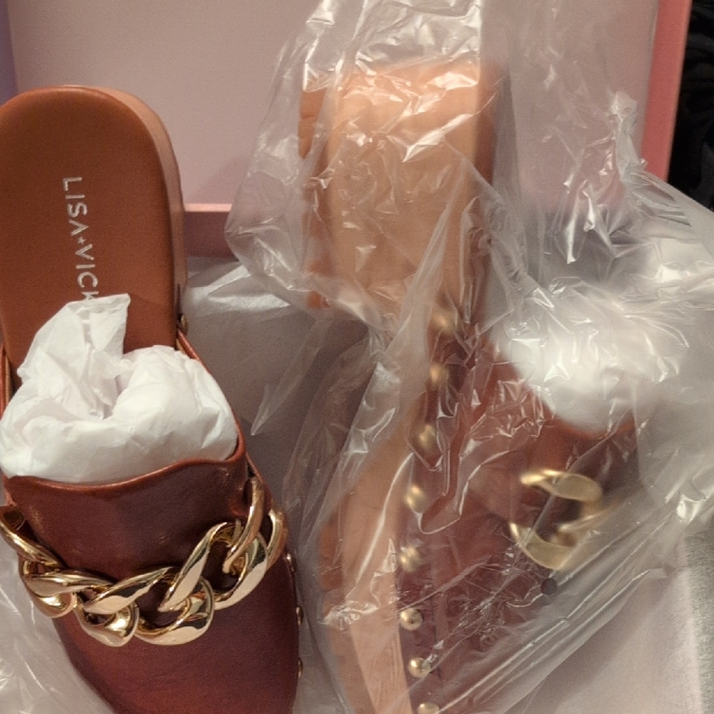 Lisa Vicky Brown Mules with Gold Chain Accent